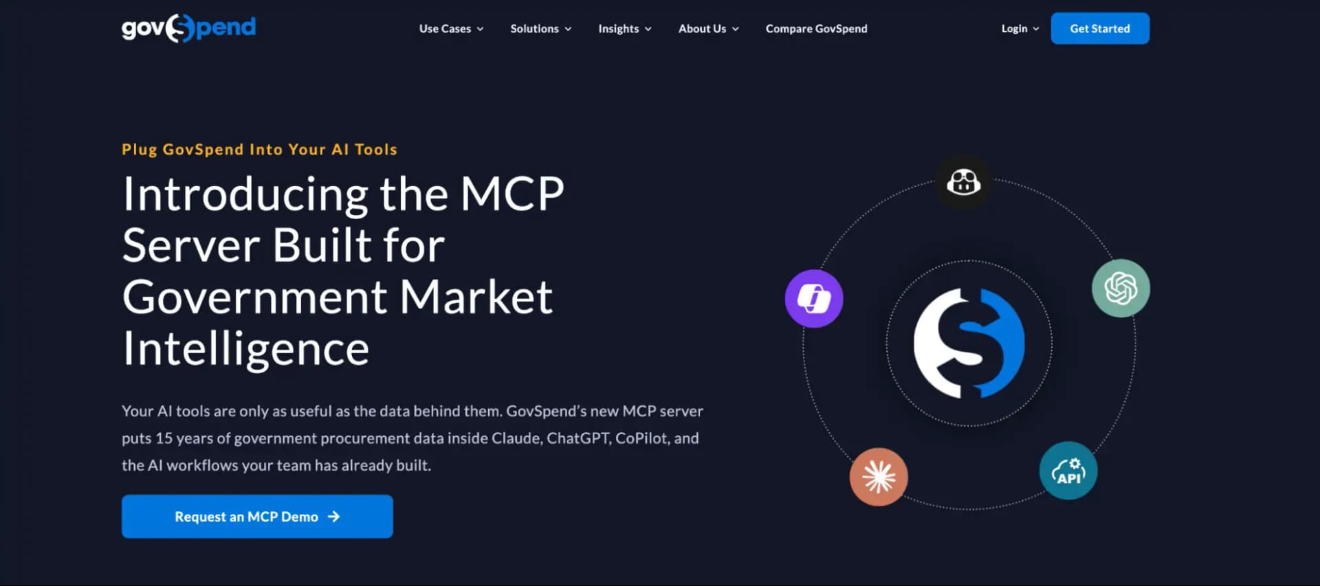 The GovSpend home page announcing an MCP server built for government market intelligence