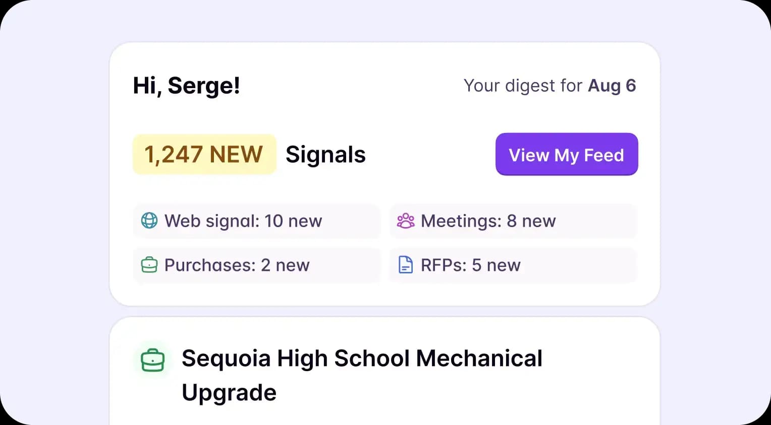 Starbridge daily signal digest summarizing new web signals, meetings, purchases, and RFPs