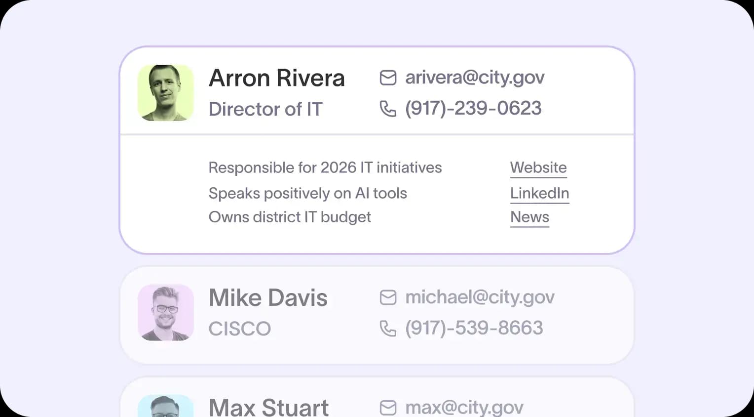 Verified government and education contacts syncing into a CRM