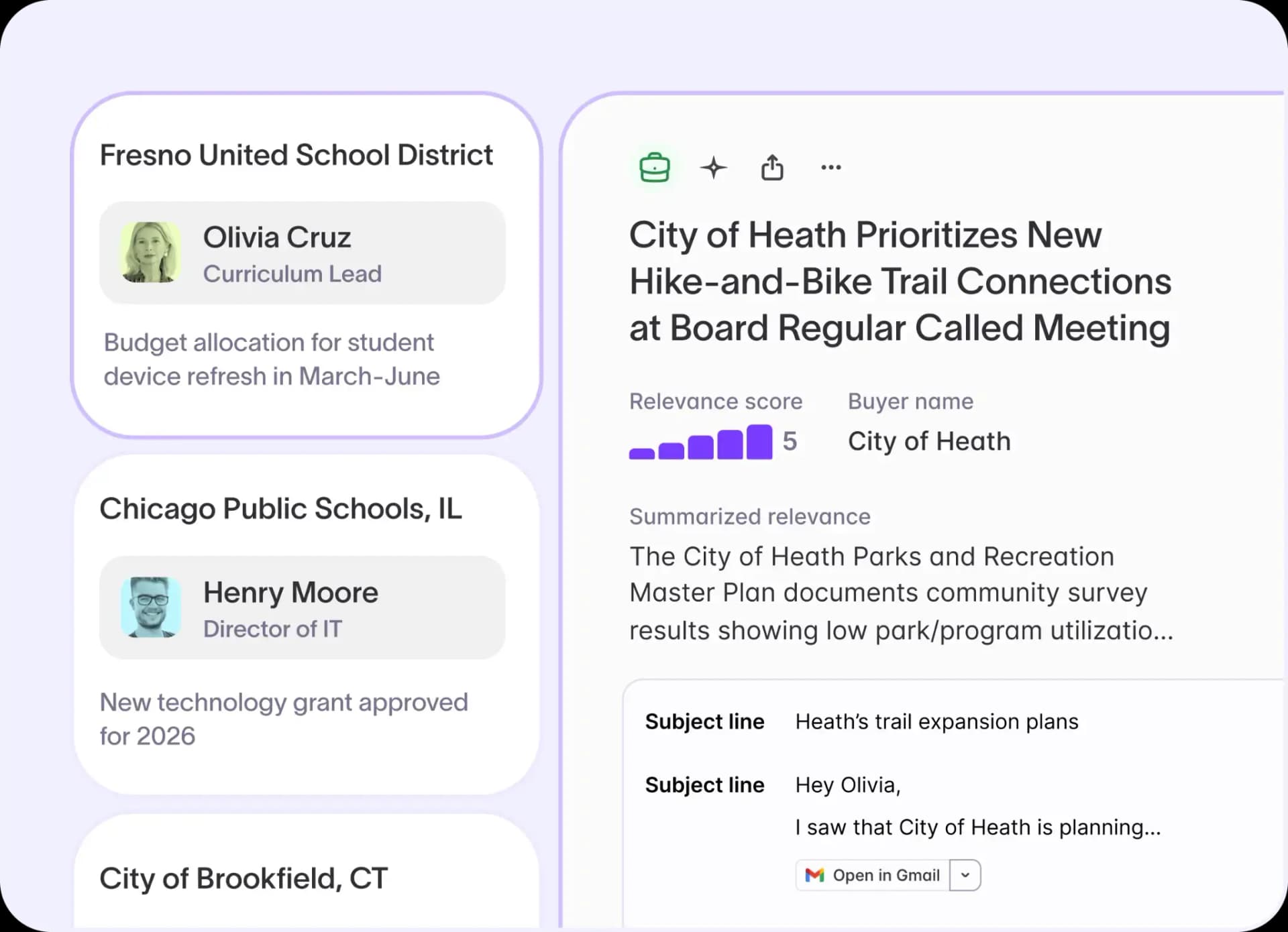 Email digest organized by signal type with individual account cards and an expanded signal showing relevance score and draft outreach