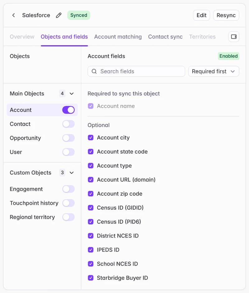 Starbridge Salesforce connection marked Synced, on the Objects and fields tab: the Account object is switched on, and its optional fields such as account city, state code, type, URL, zip code, Census IDs, NCES and IPEDS IDs and Starbridge Buyer ID are all checked to sync