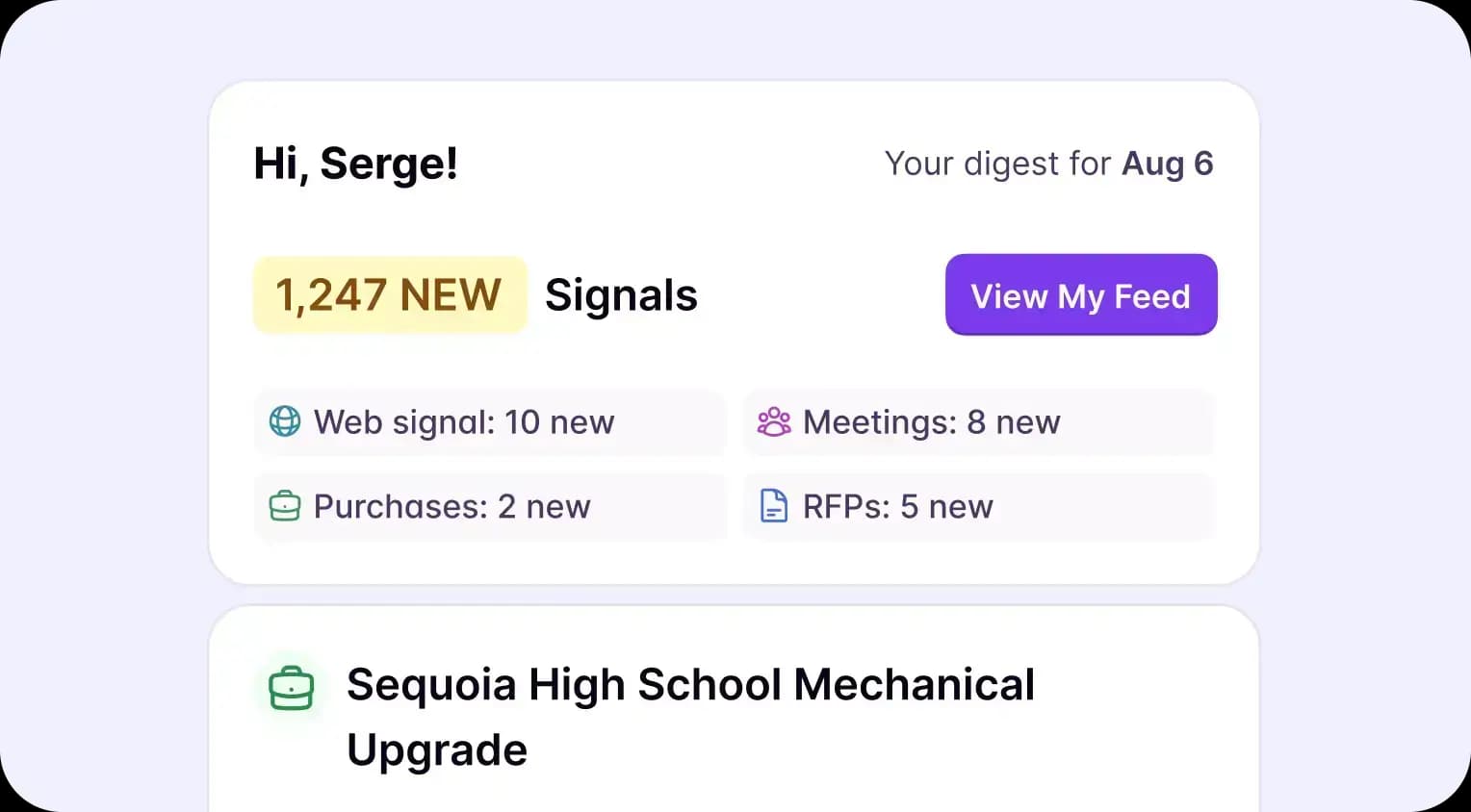 A rep’s daily digest header counting new web signals, meetings, purchases, and RFPs with a view-my-feed button